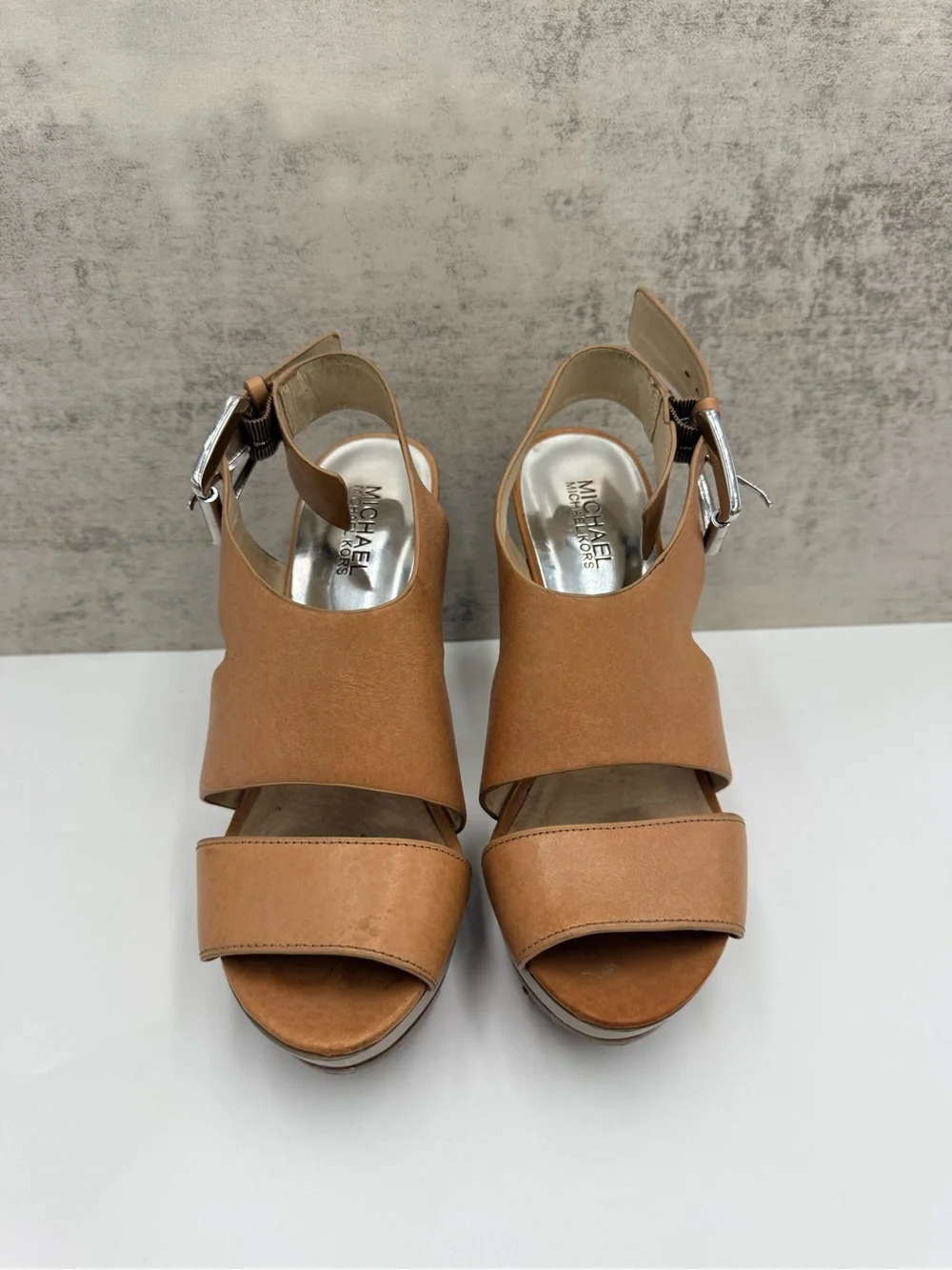 Michael Kors Carla Platform Sandals Women 8.5M Luggage Leather High Heels